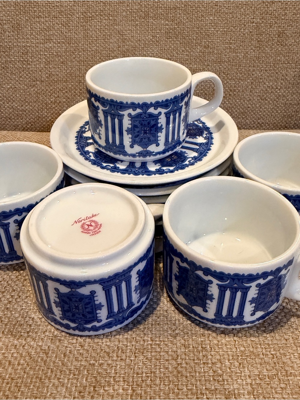 Noritake Blue and White Decorative Porcelain Teacup and Saucer Set